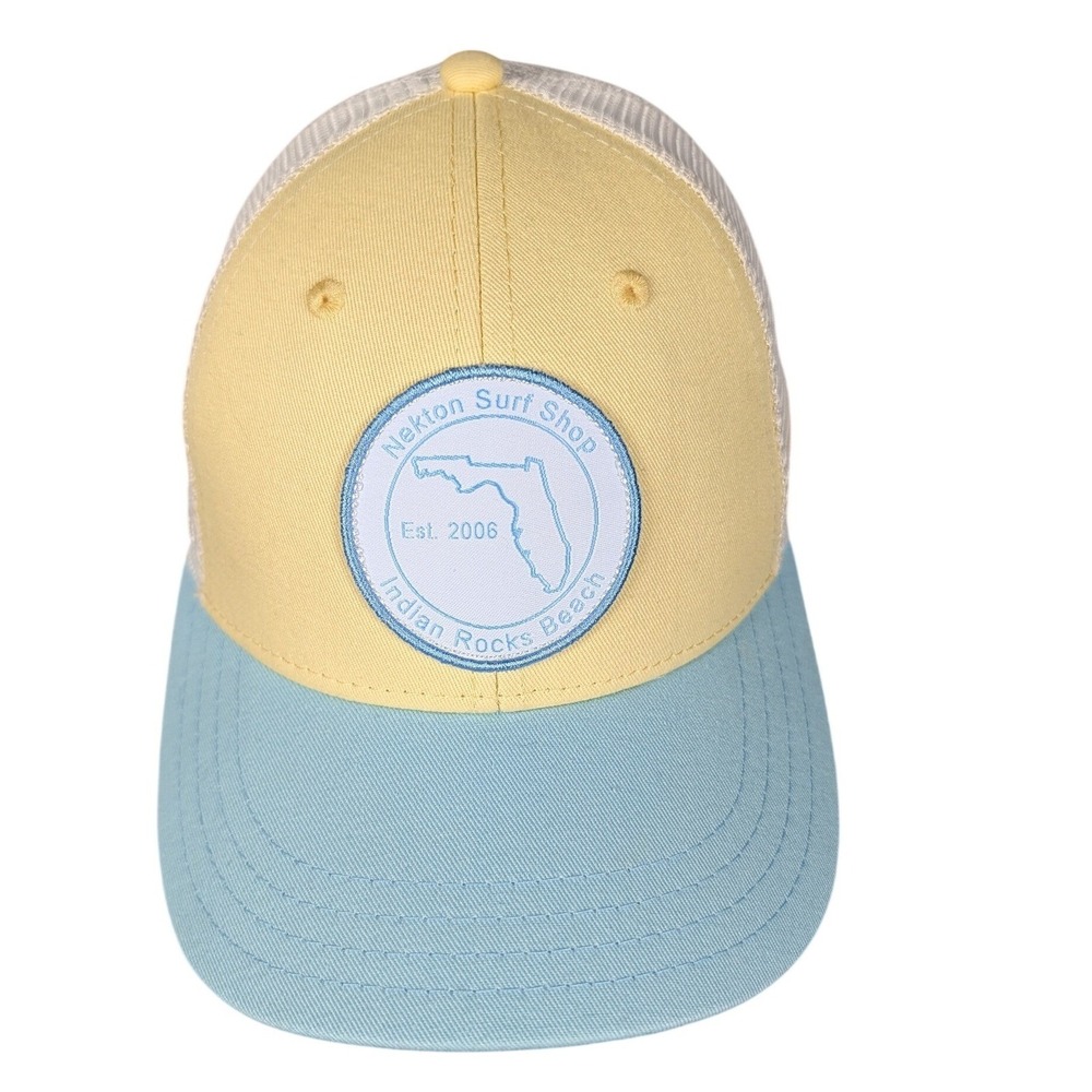 Nekton‎ Surf Shop Trucker Hat Yellow Blue Florida Patch Mesh Adjustable Snapback